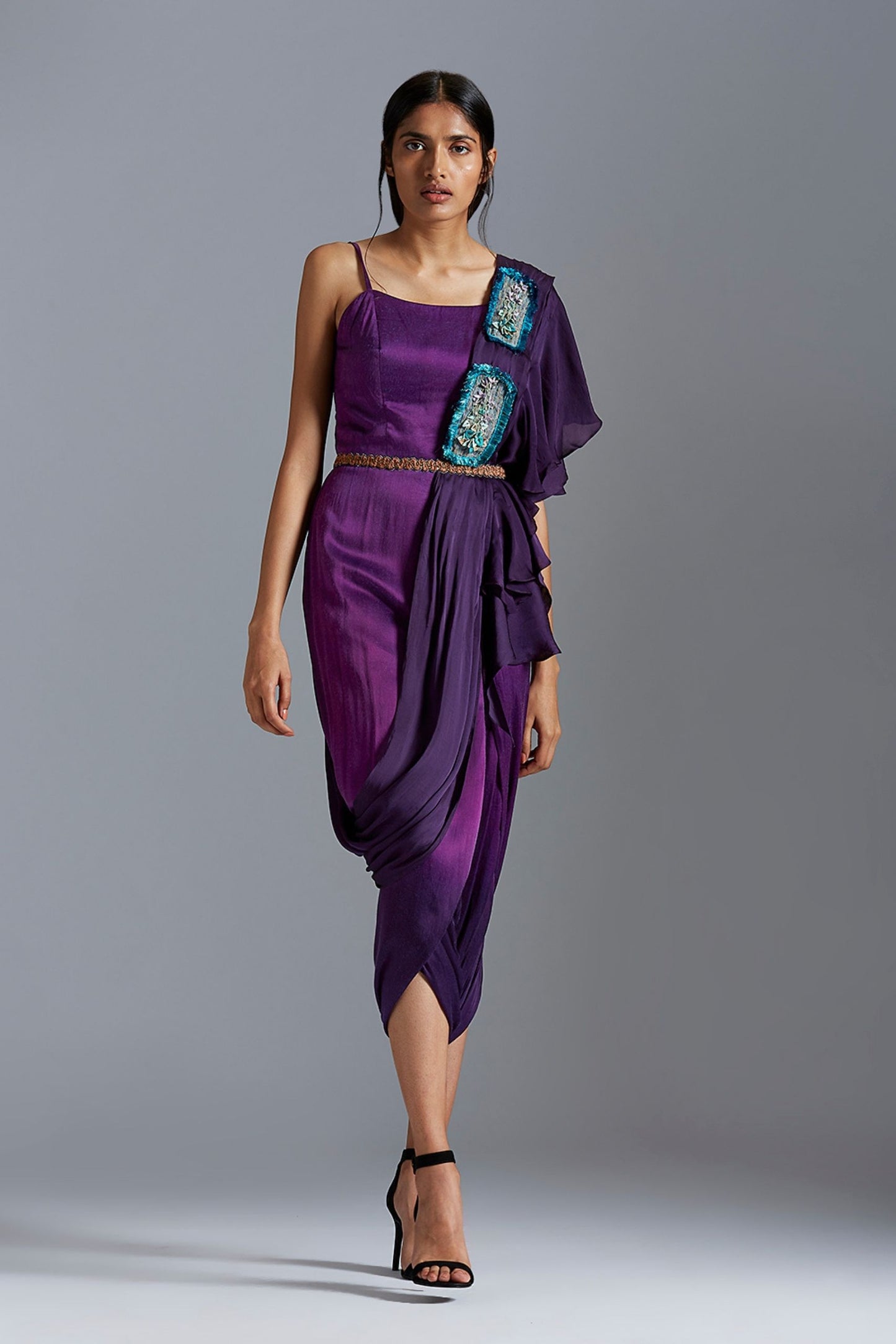 Stylish purple ombre jumpsuit for women with stole and lotus belt, offering a modern and chic design for any occasion