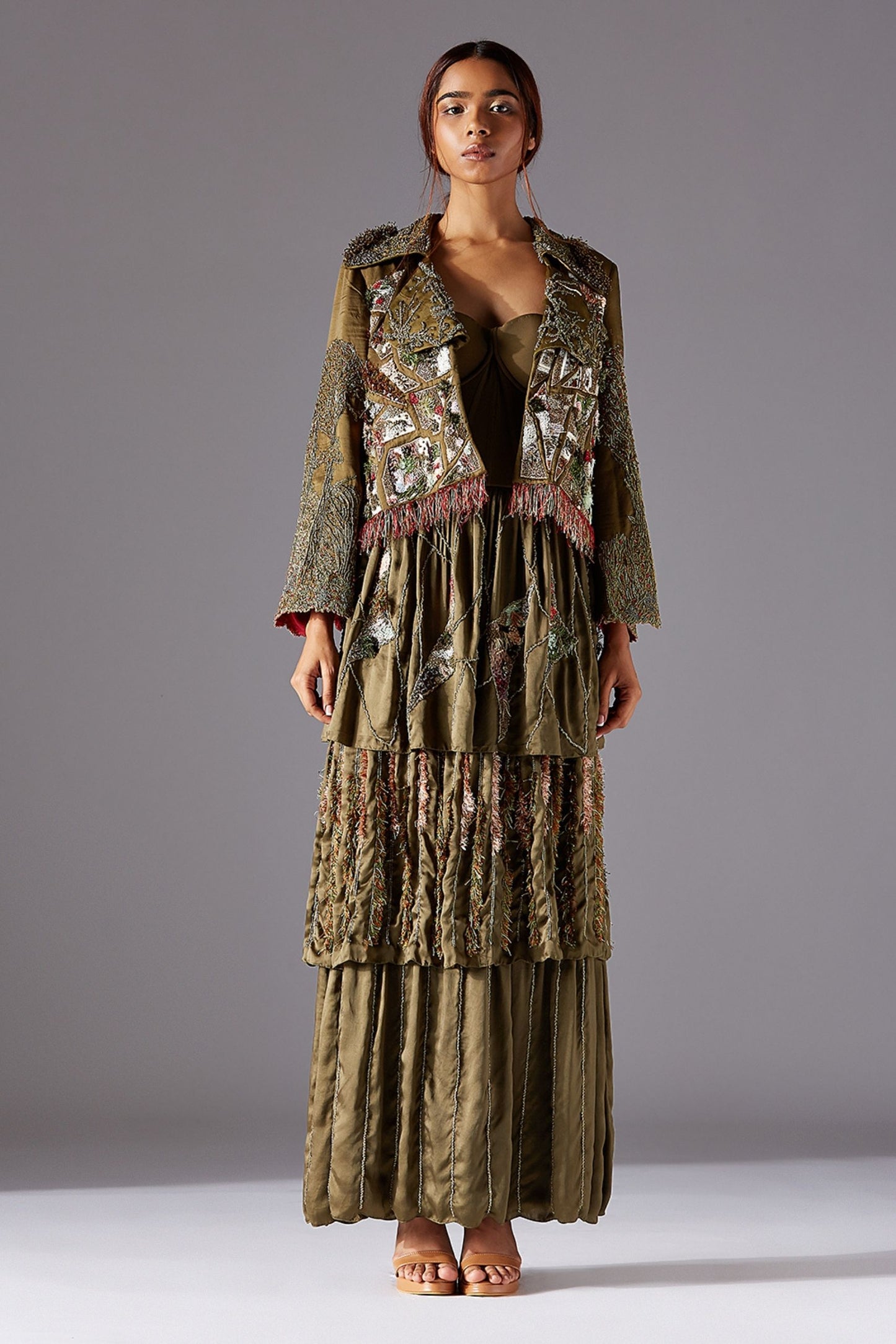 Topiary Couture Gown with Three-Tier Skirt and Embroidered Women's Jacket - Perfect for Special Events