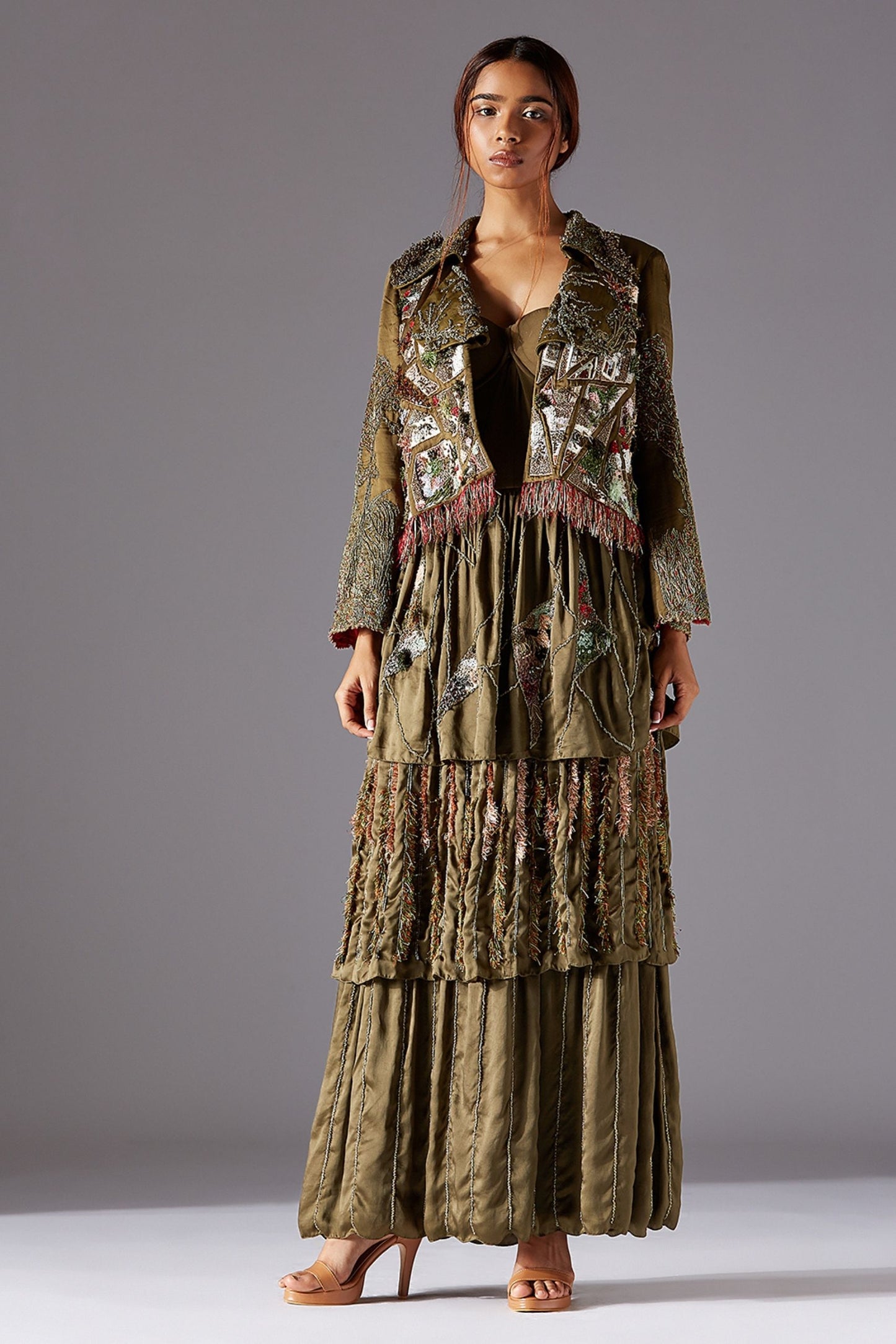Topiary Couture Gown with Corset Bodice and Three-Tier Skirt paired with Earth Embroidered Women's Jacket - Luxury Gown and Jacket Set for Women