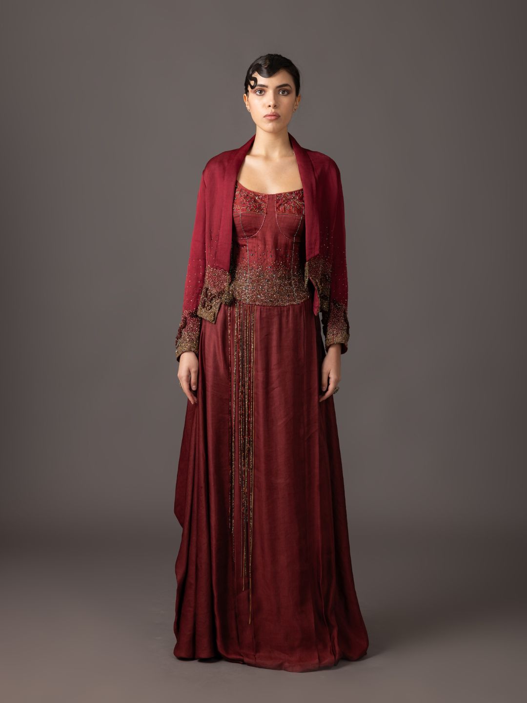 Maroon Embroidered Tuxedo Jacket & Corset Gown with Pleated Skirt - Luxury Designer Women's Outfit