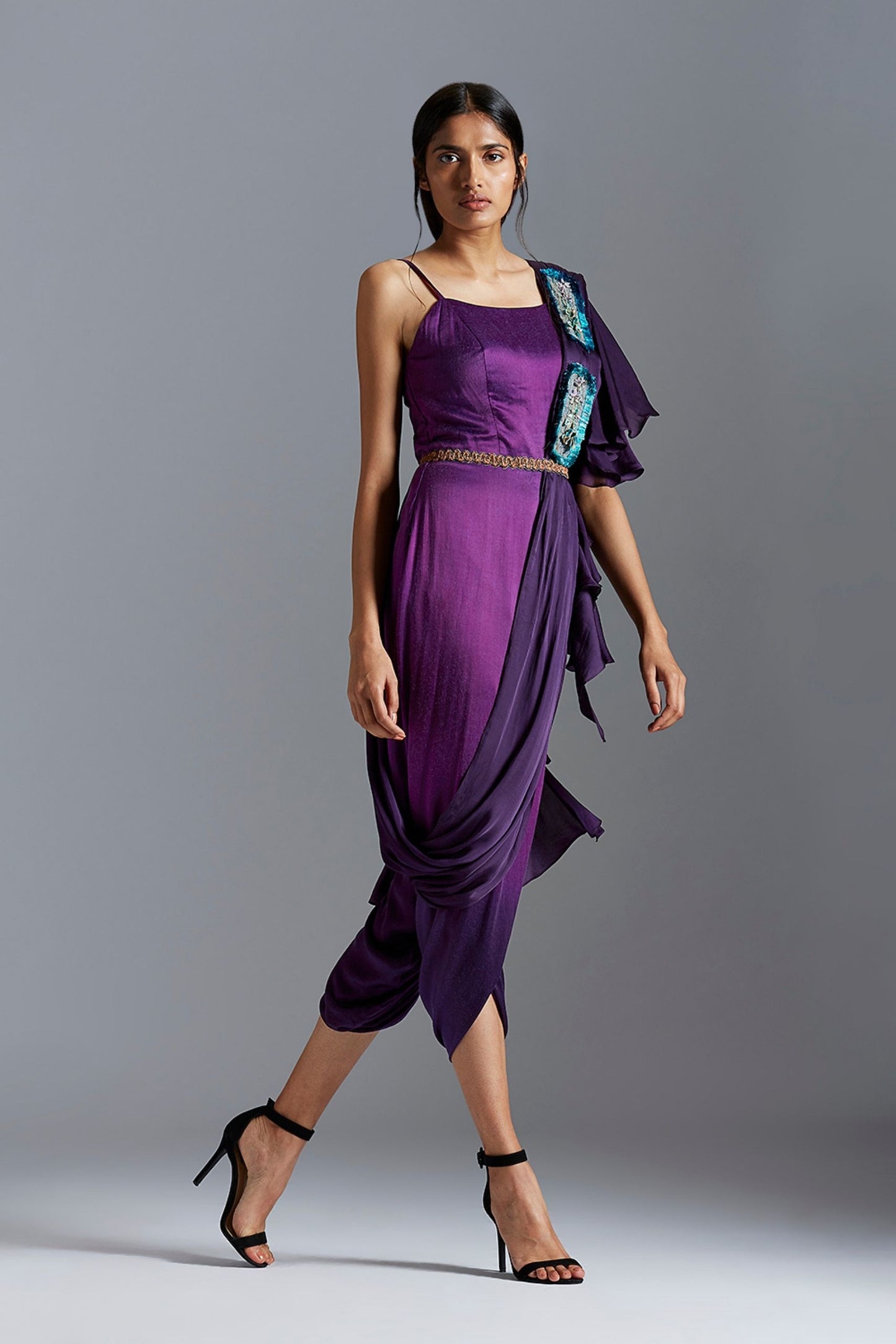 Stylish purple ombre jumpsuit for women with stole and lotus belt, designed for a chic and modern look