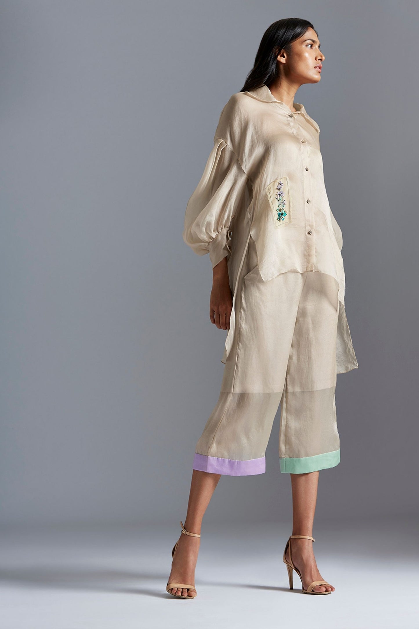 Chic co-ord sets for women with floral embroidery and satin organza fabric, designed for a trendy, stylish look