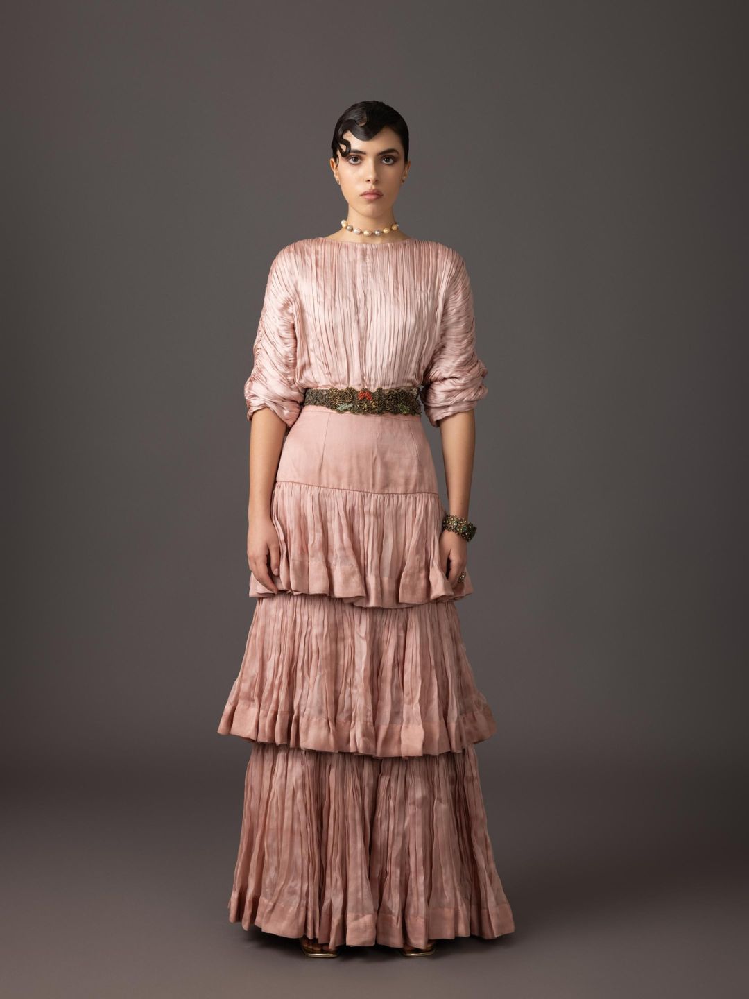 Pink Ruched Blouse And 3- tiered Skirt With Belt