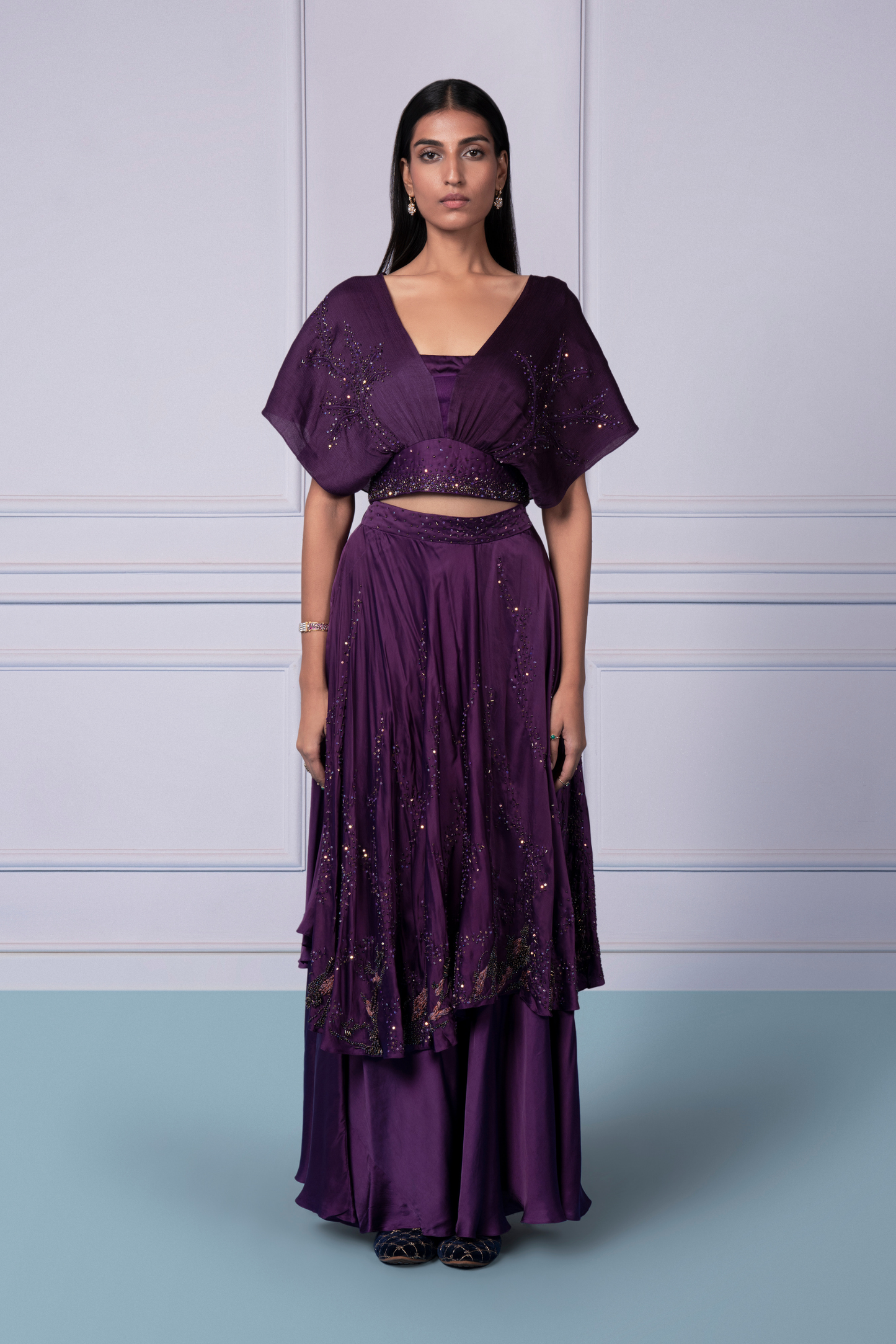 Midnight embroidered blouse with beadwork paired with a 2-tier skirt, a stylish blouse and skirt set for modern women