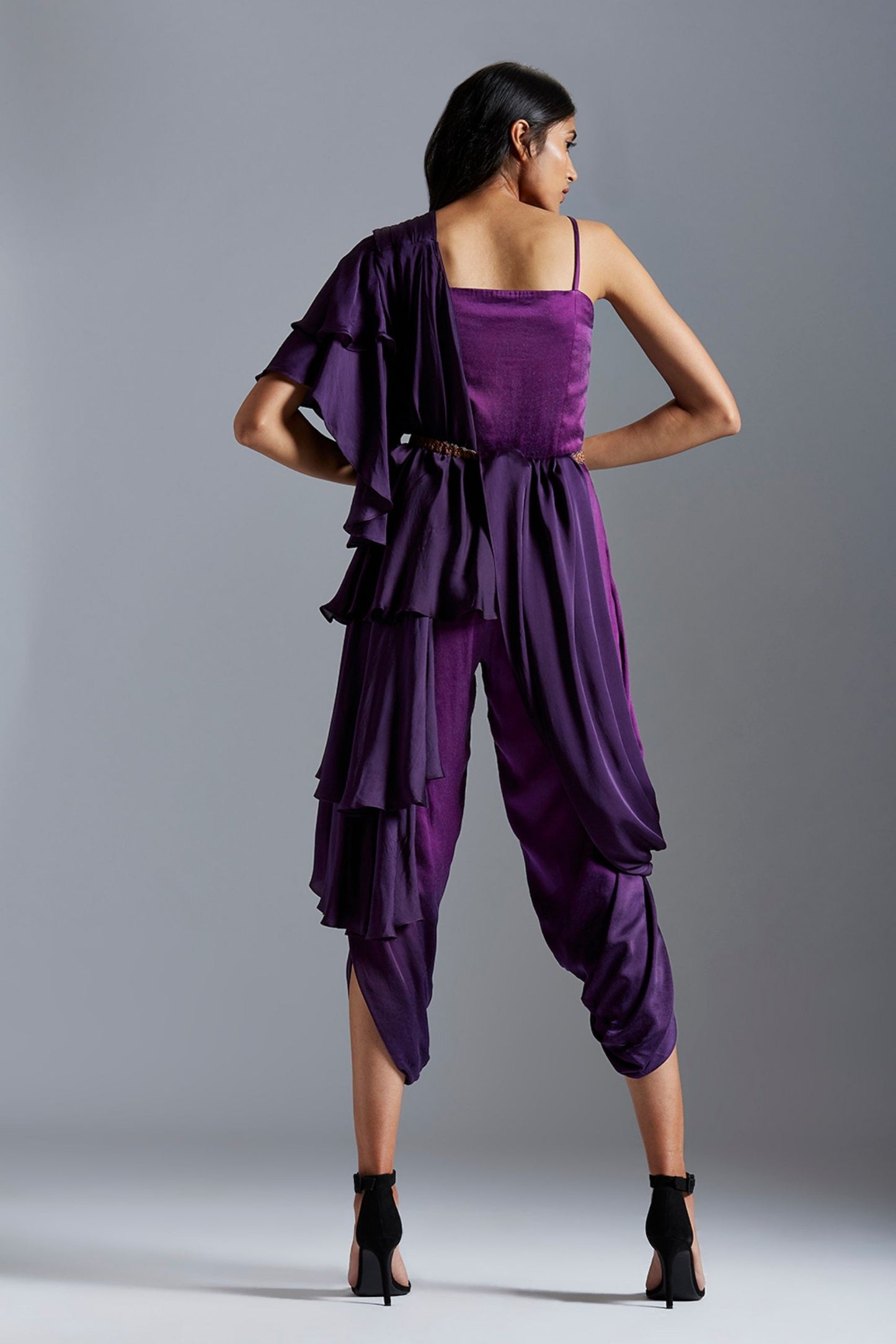 Back view of the purple ombre jumpsuit for women, showcasing the chic design and elegant stole