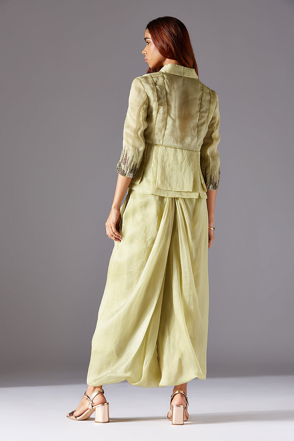 Back View of Embroidered Victorian Jacket and Cowled Pants for Women - Fashionable Outfit with Organza Details