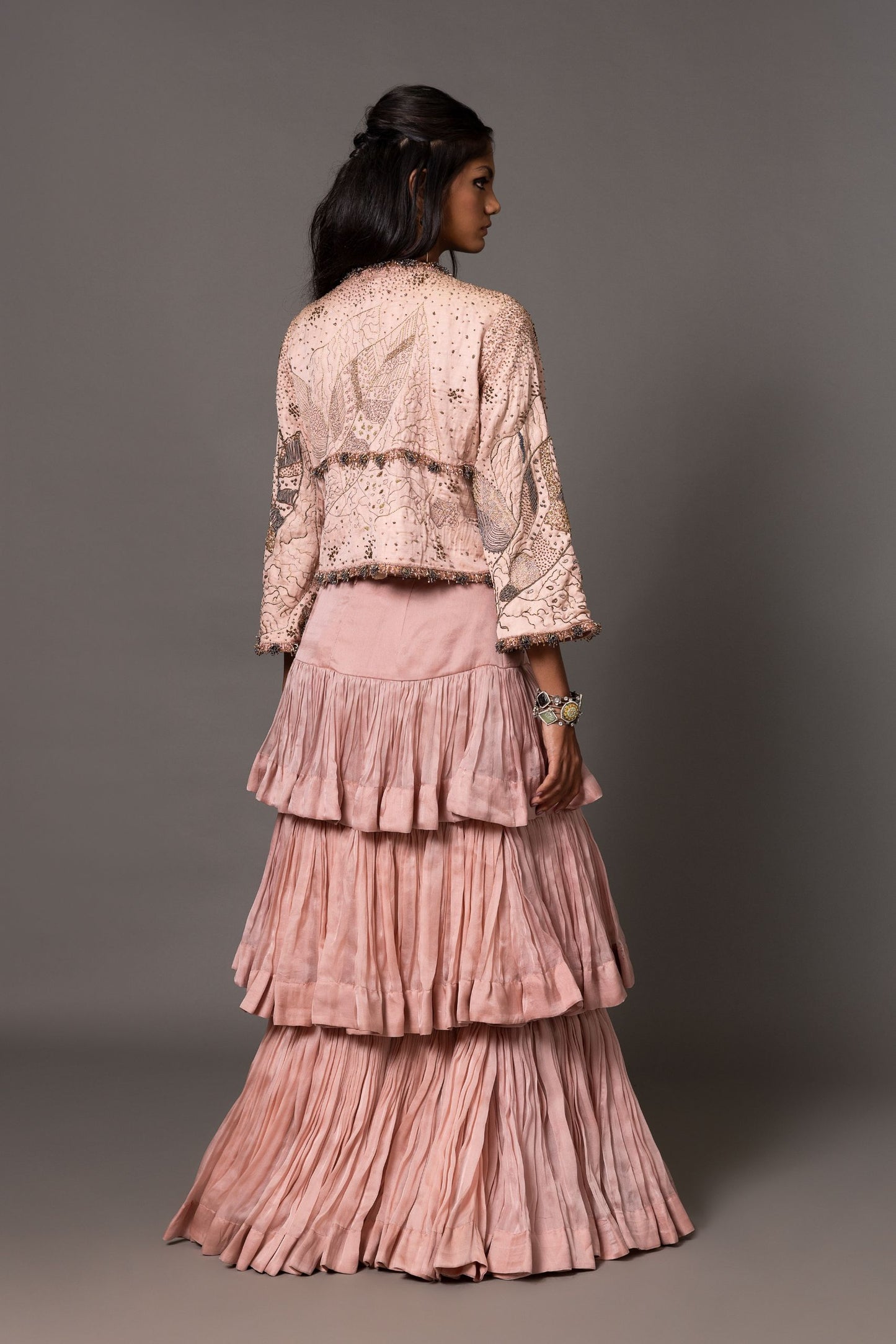 Back View of Sang-e-Sitara Pink Designer Jacket for Women - Elegant Tailored Silhouette with Hand Embroidery