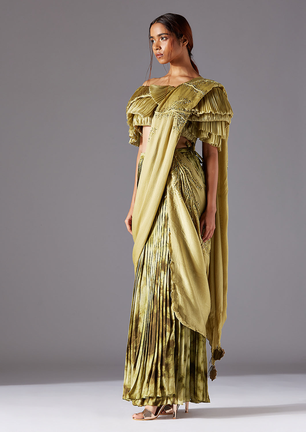 Complete outfit featuring the off-shoulder blouse, pleated skirt, and embroidered stole for a stylish appearance