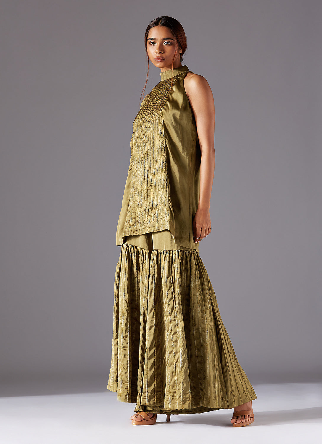 Full View of Hamada Halterneck Top and Flared Sharara Dress Set for Women