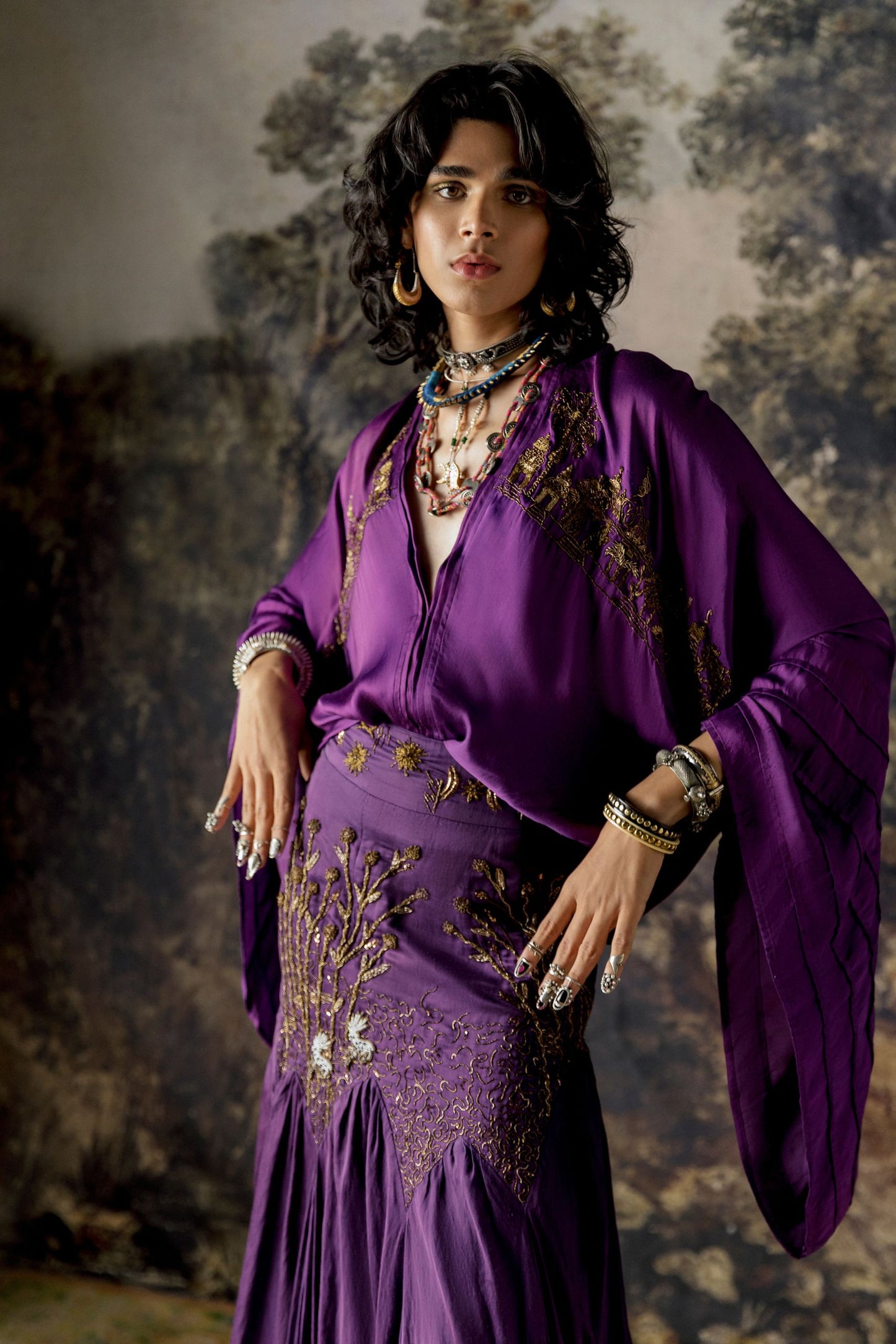 Close-up of Gold Embroidery on Kimono Top of Lehenga Set for Women