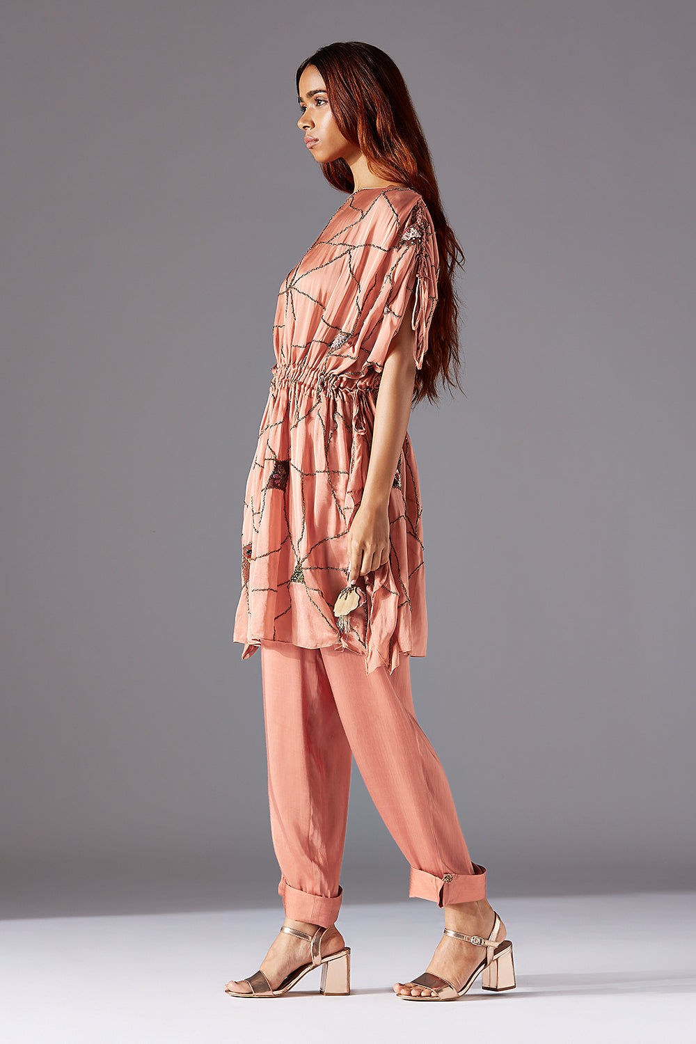 Side View of Barberry Kaftan Dress & Simple Satin Pants - Elegant Designer Outfit for Women
