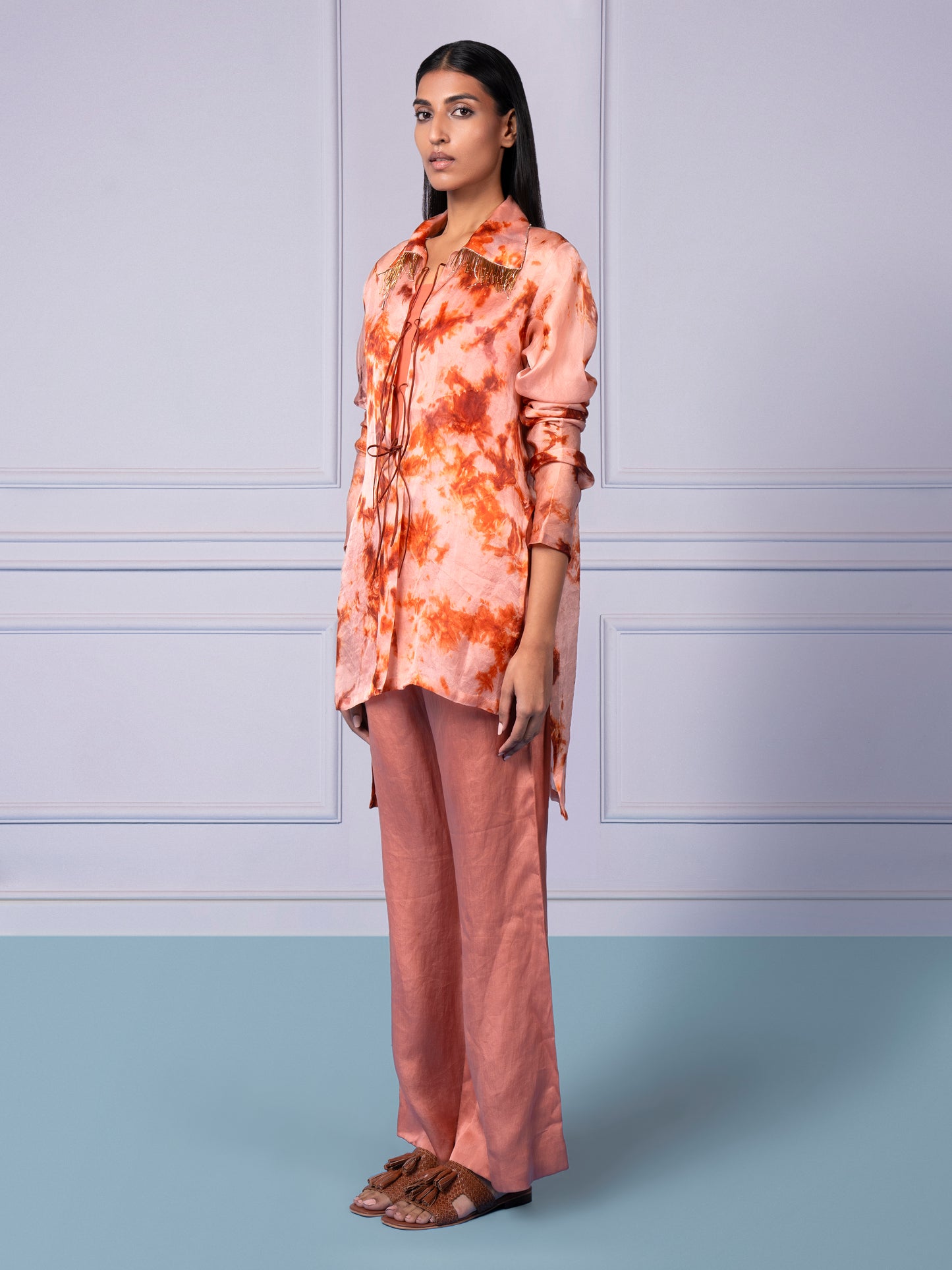 Abhra Shirt Kurta for women, highlighting the straight-cut trousers and tie-dye pattern