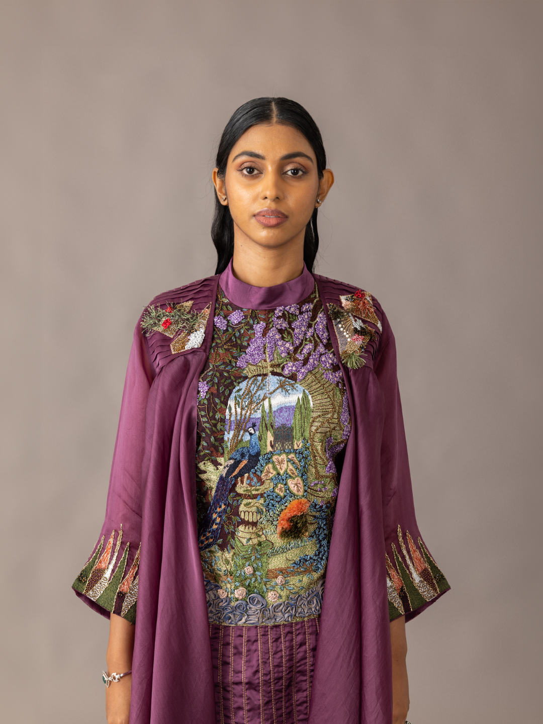 Stylish Wine Hamada Kurta Set with cape design, perfect for weddings and celebrations.