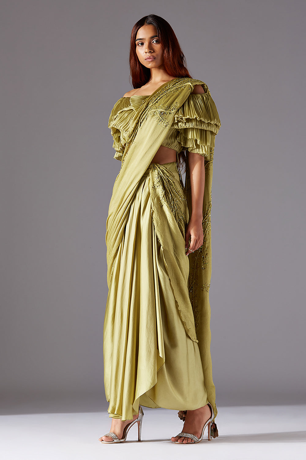 Complete outfit featuring the modern blouse, draped long skirt, and embroidered stole