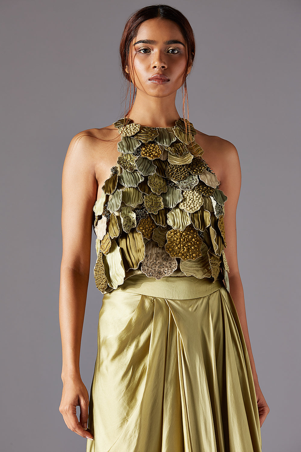 Mima Mounds Top With Marsh-Scapes Pleated Skirt and Living Stole- Dupatta