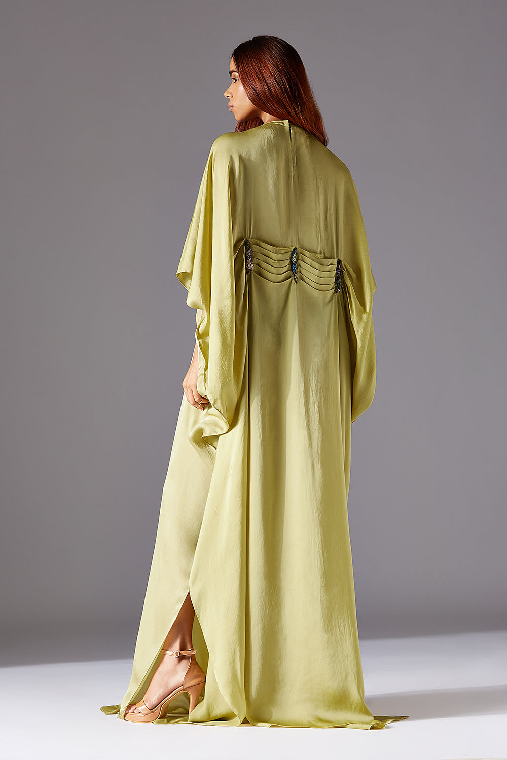 Back View of Elysian Landscape Kaftan with Jacobean Handwork and Side Slits