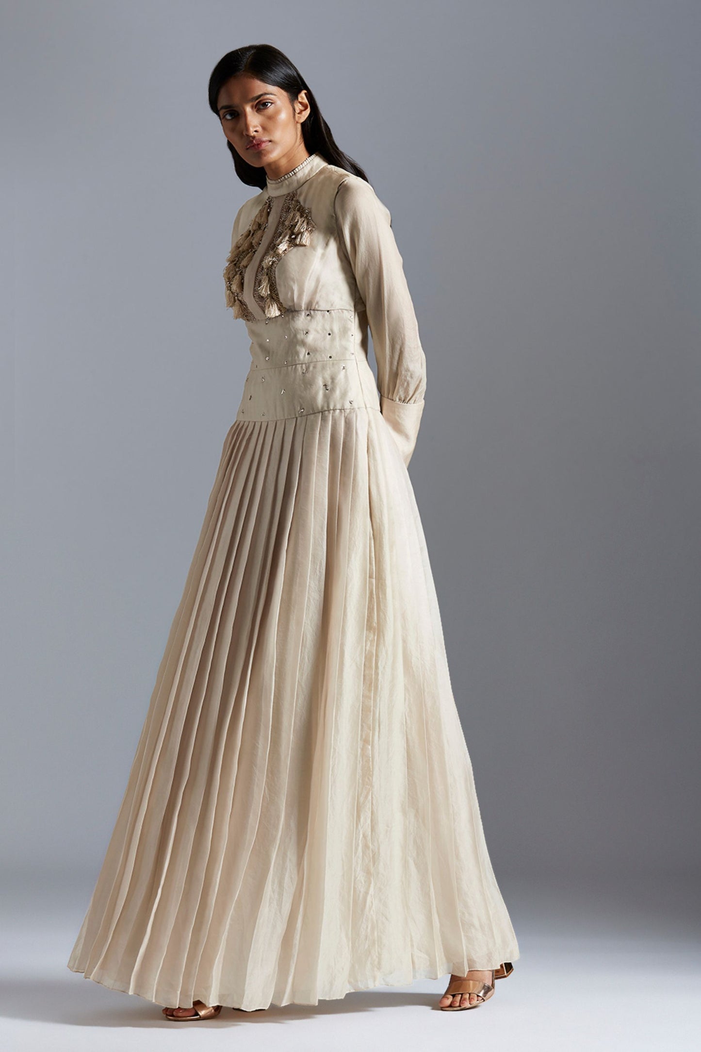 Designer Victorian gown with handmade Mukaish work and pleating, a modern take on classic elegance for women