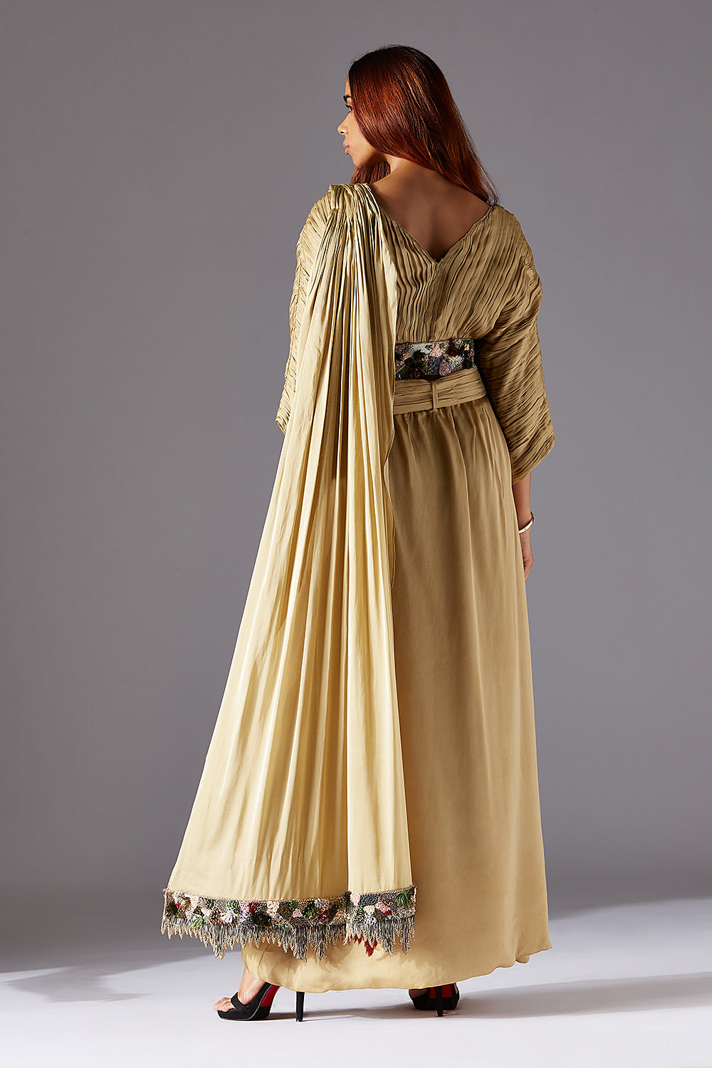 Back View of Townscape Saree-Skirt Set Showing Embroidered Skirt and Signature Blouse Design