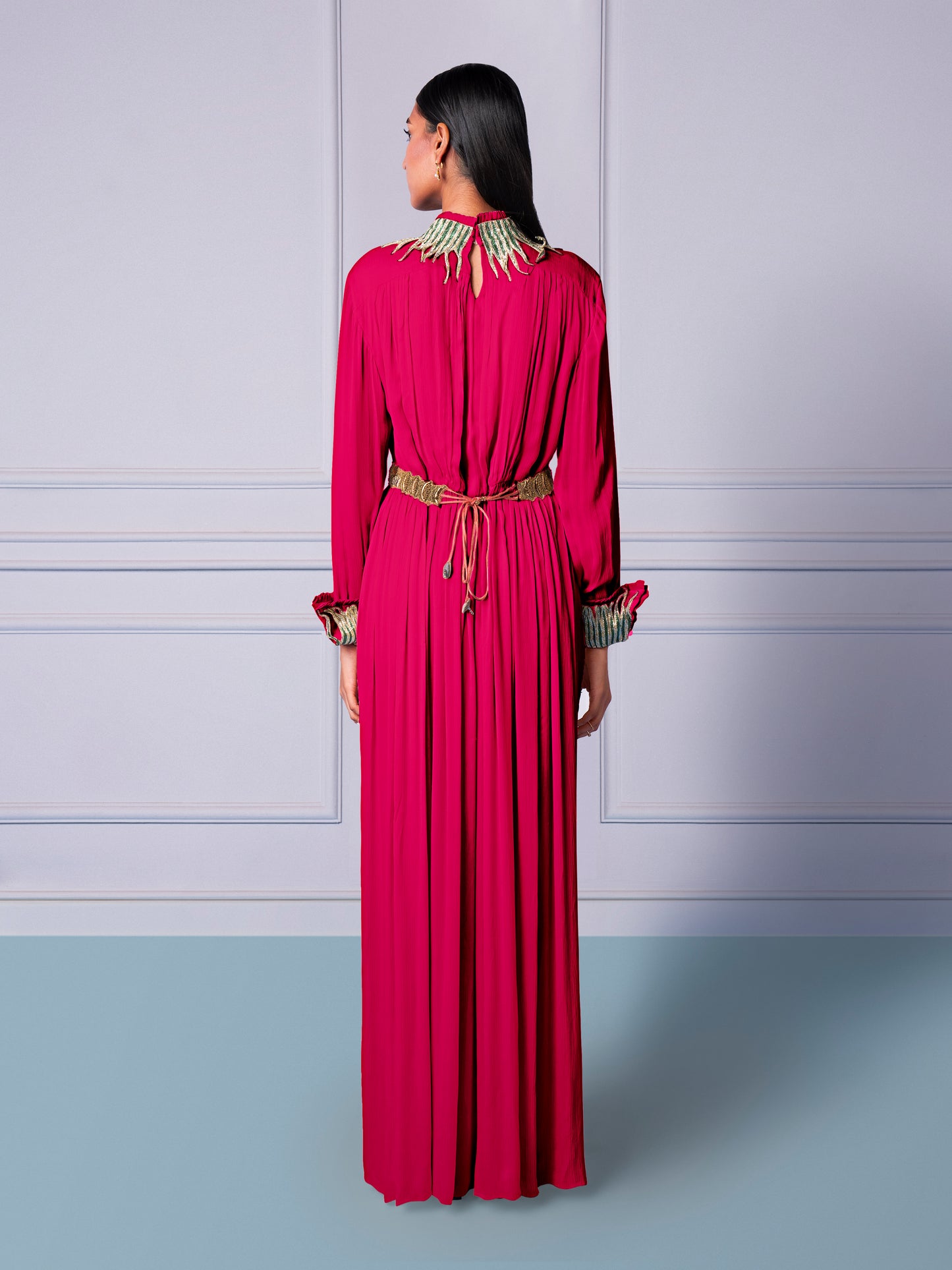 Back View of Rumi Pink Couture Gown for Women with Metallic Embroidery