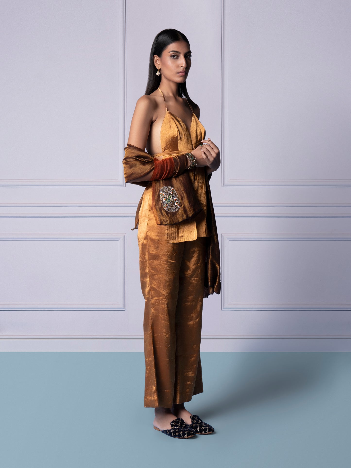 Model draped in Pashmina stole with Jacobean embroidery, displaying the fine craftsmanship and delicate design