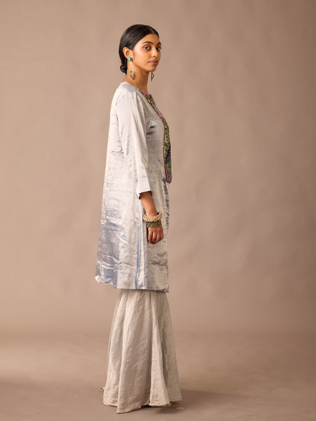 Side View of Peacock Metallic Tissue Kurta Set - Elegant Hand Embroidered Women's Ethnic Wear
