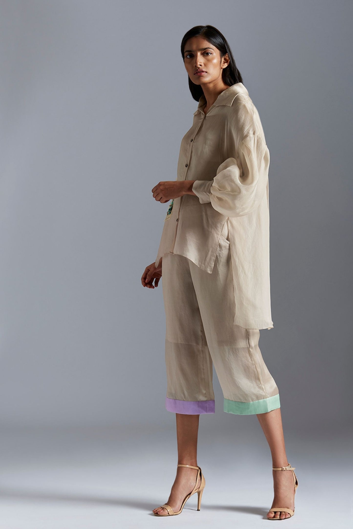 Side profile of the co-ord set with cullotes, emphasizing the comfortable fit and floral embroidery detail