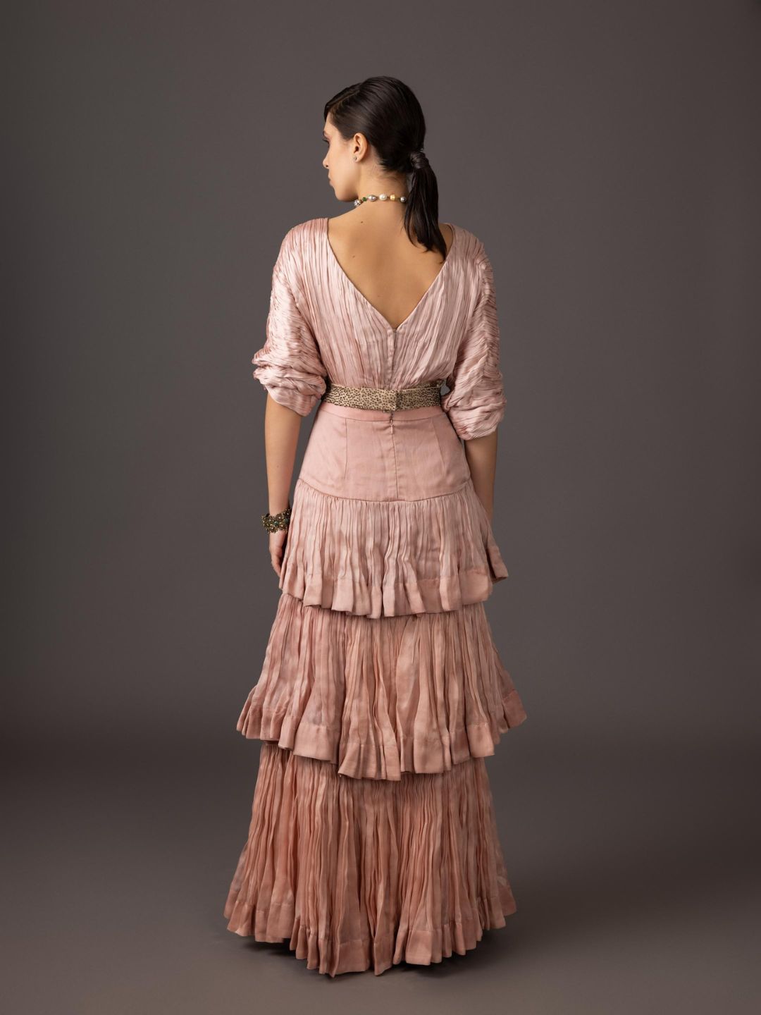 Pink Ruched Blouse And 3- tiered Skirt With Belt