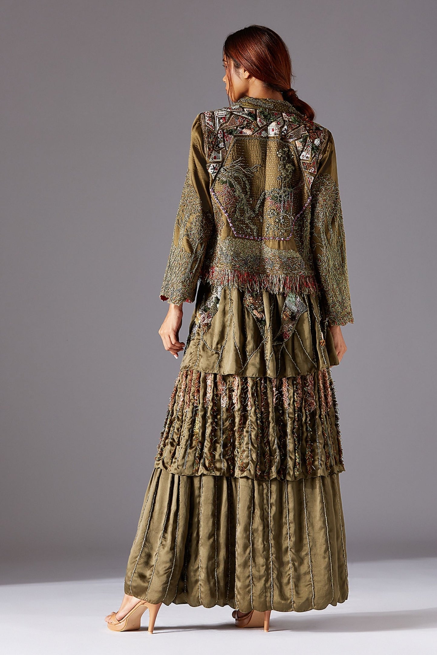 Back View of Topiary Couture Gown with Earth Embroidered Women's Jacket - Luxury Gown and Jacket Set
