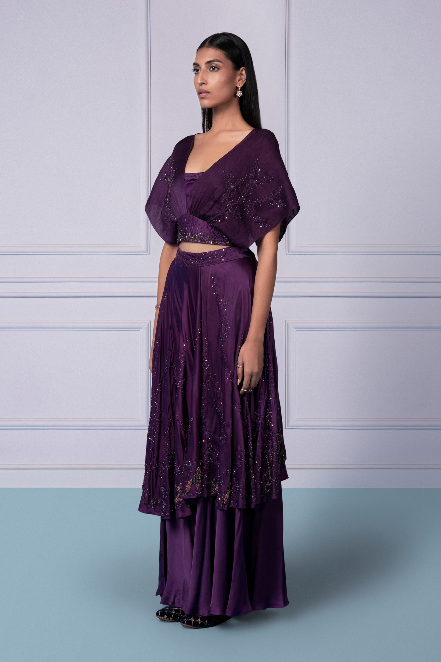 Full view of the Midnight blouse and 2-tier skirt set for women, perfect for an elegant and fashionable look