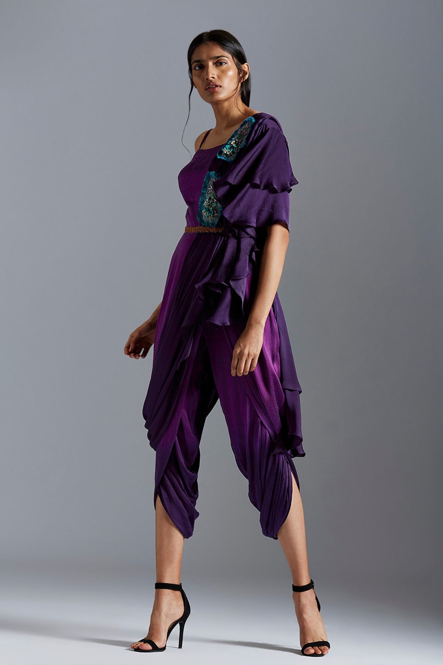 Full view of the purple ombre jumpsuit with stole and lotus belt, featuring a unique and modern design for women