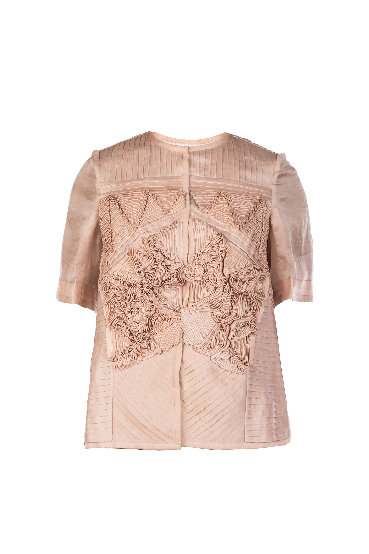 Stylish designer fabric manipulation jacket for women featuring geometric patterns and handmade details
