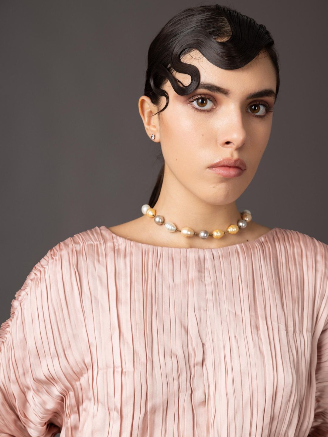 Pink Ruched Blouse And 3- tiered Skirt With Belt