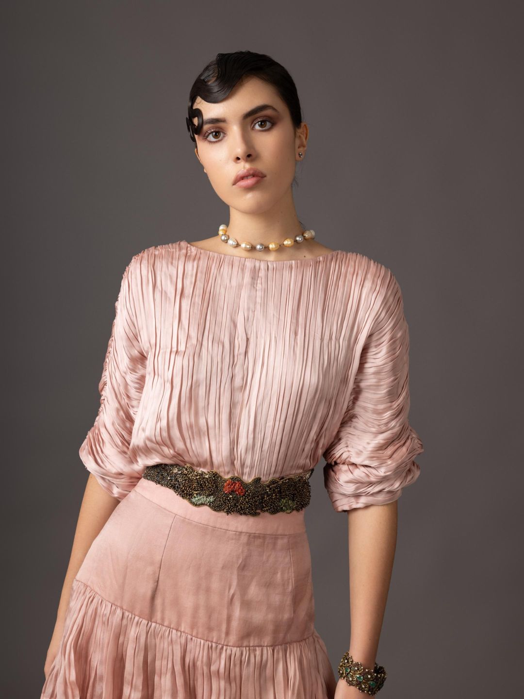 Pink Ruched Blouse And 3- tiered Skirt With Belt
