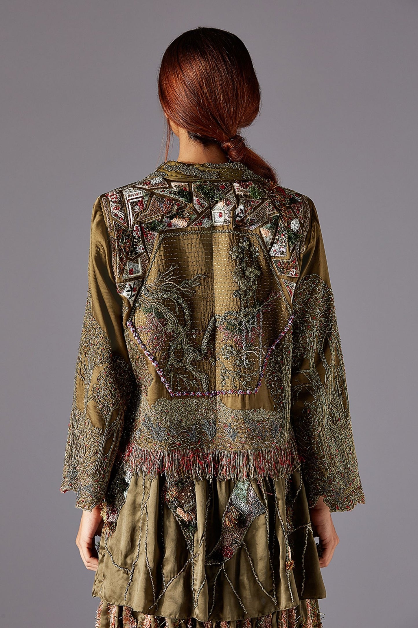 Detailed Jacobean Embroidery on Earth Women's Jacket - Elegant Handwork and Metallic Accents