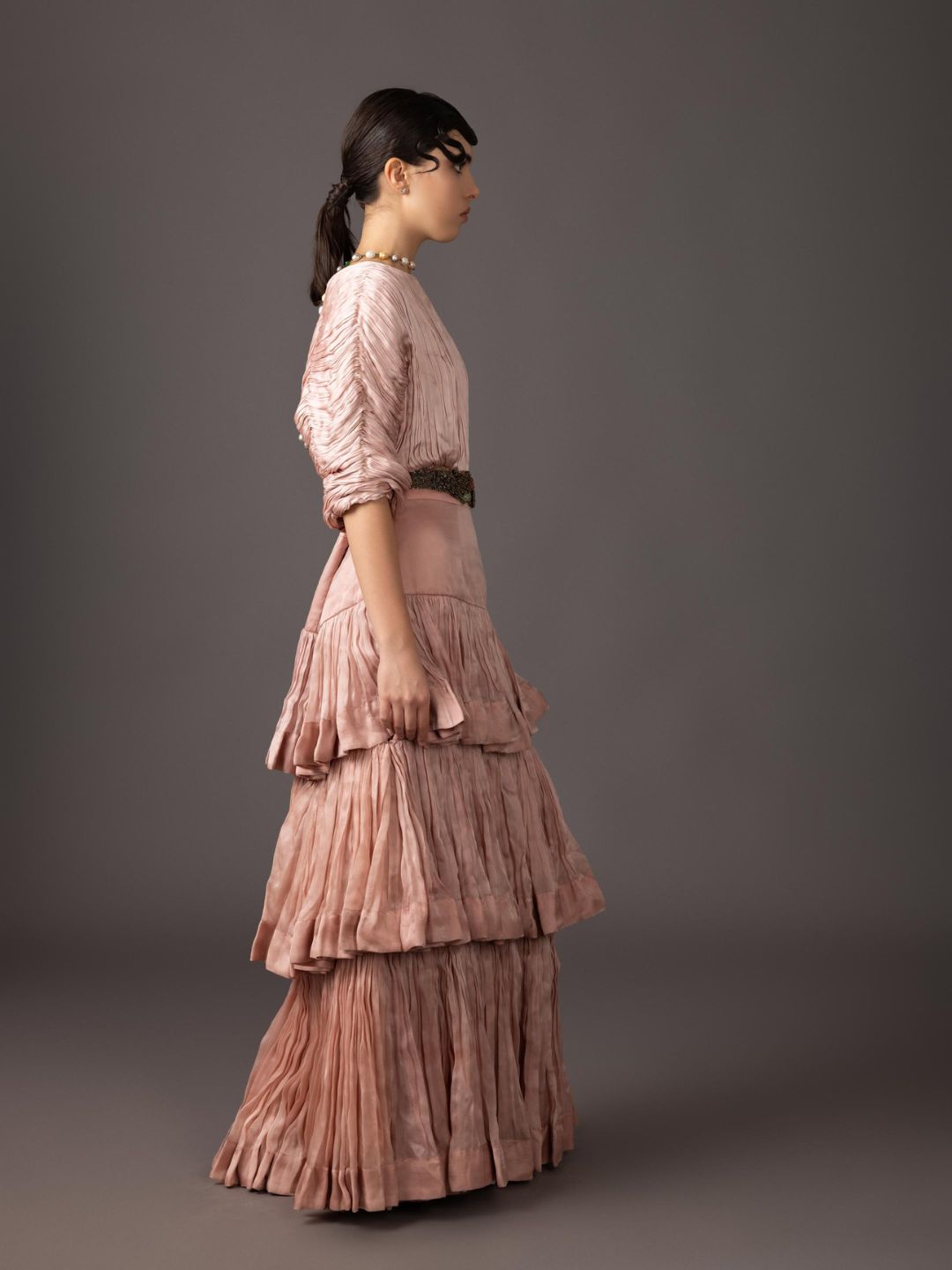 Pink Ruched Blouse And 3- tiered Skirt With Belt