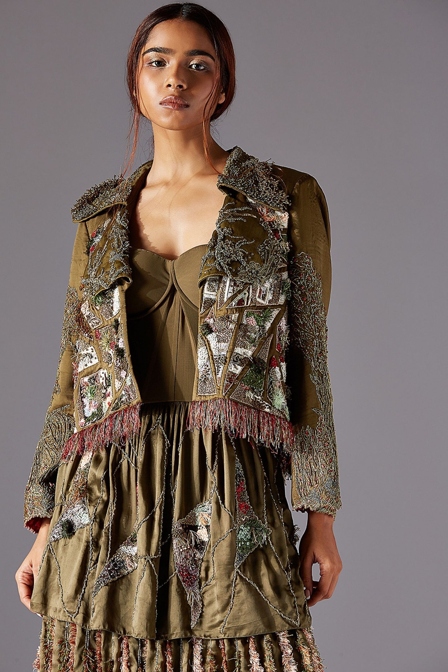 Detailed Earth Embroidery on Women's Jacket paired with Topiary Couture Gown - Elegant Designer Set