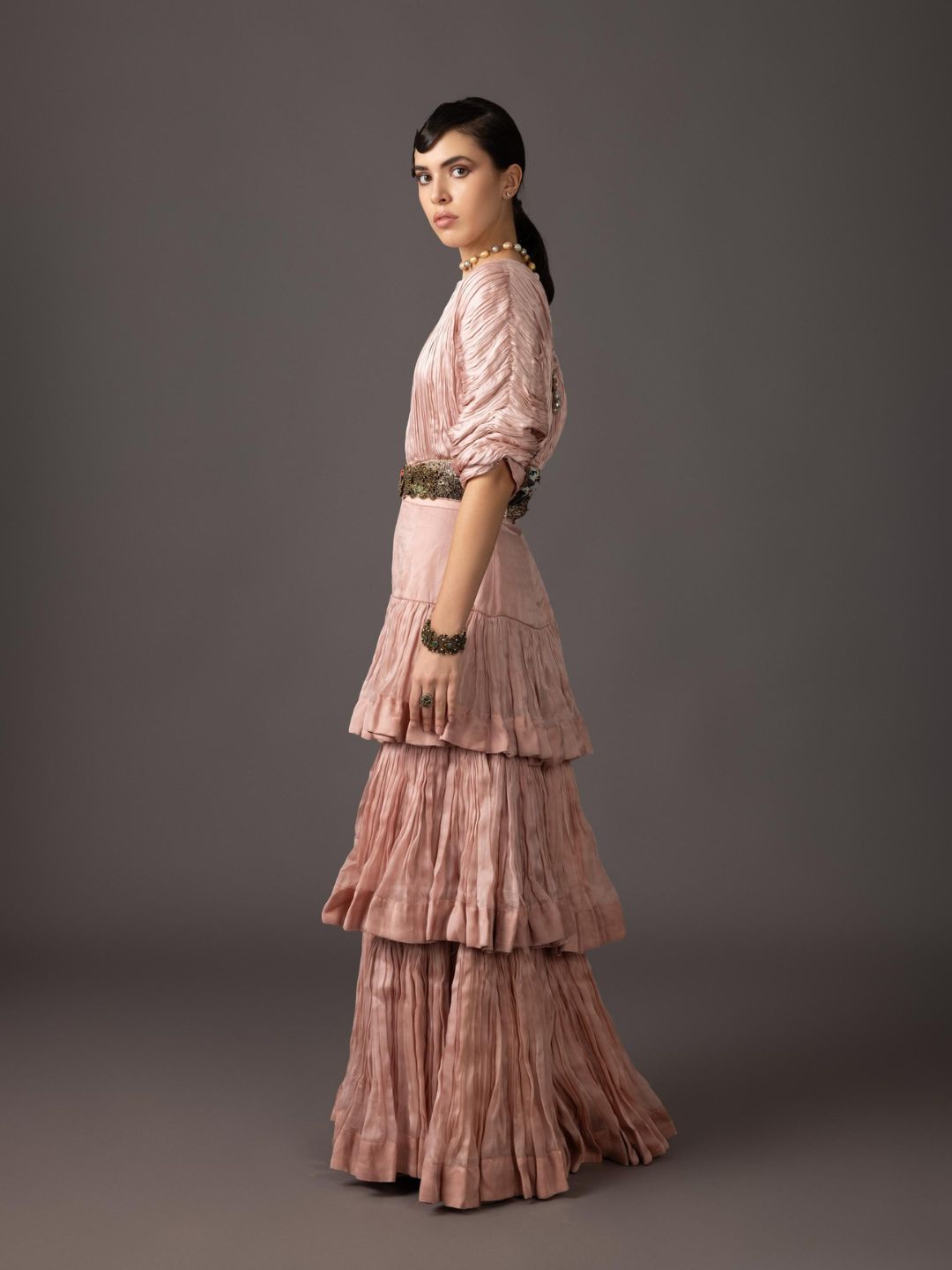 Pink Ruched Blouse And 3- tiered Skirt With Belt