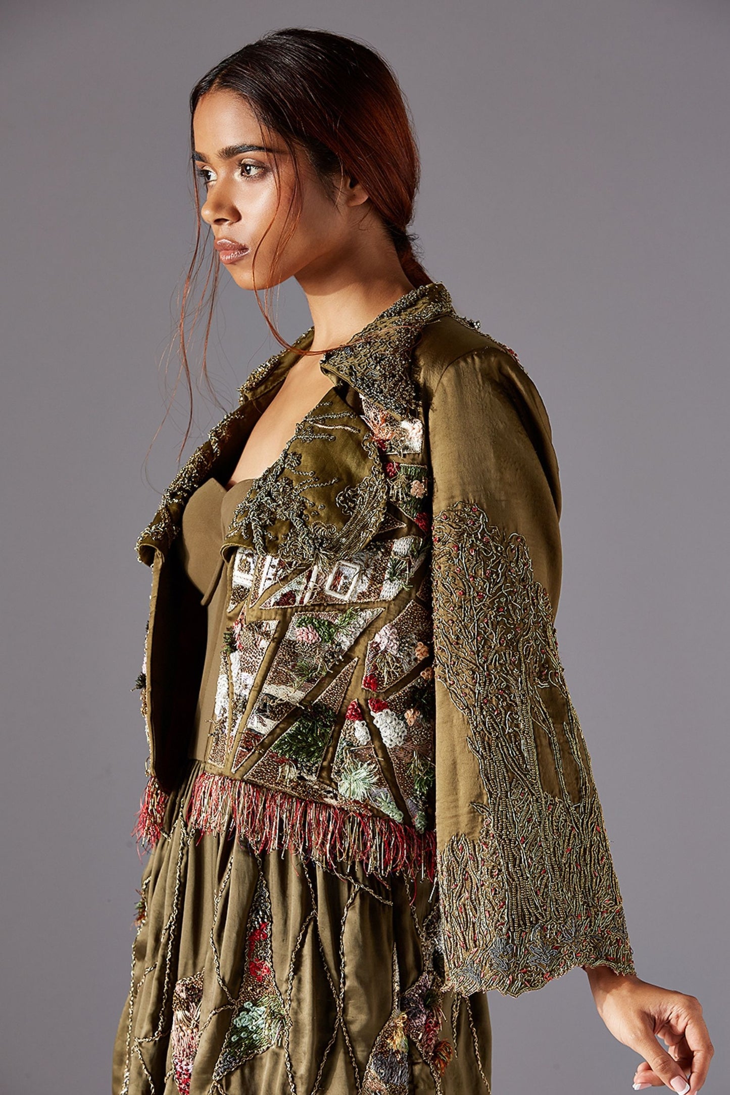 Side Profile of Earth Embroidered Jacket with Fringed Hemline and Handwork - Custom Jacket for Women