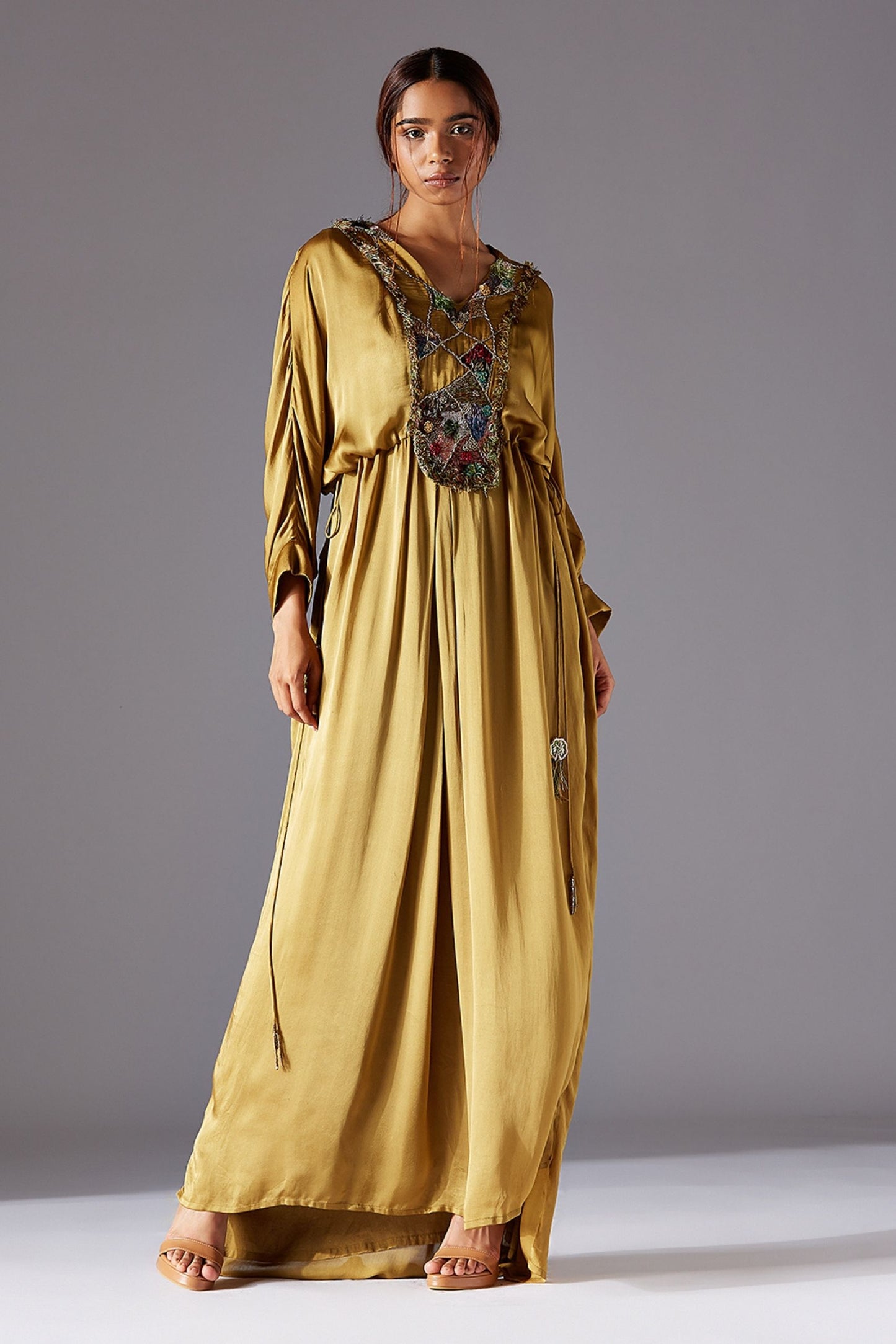 Minicoy Kaftan Dress for Women with Jacobean Handwork, Full Sleeves and High-Low Hemline