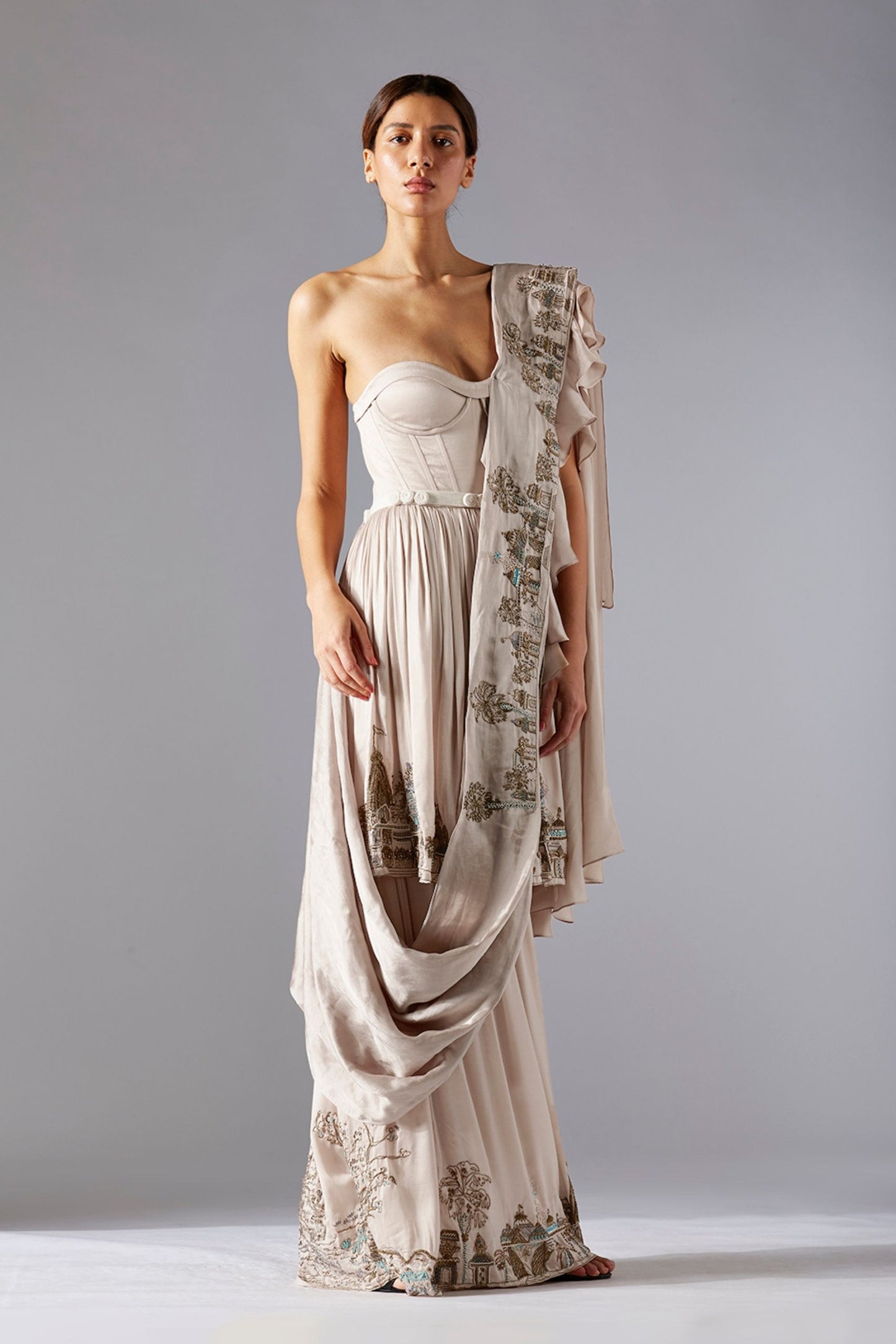 Elegant Indo Western gown with golden metallic handwork and frill dupatta, ideal for fusion style and special occasions