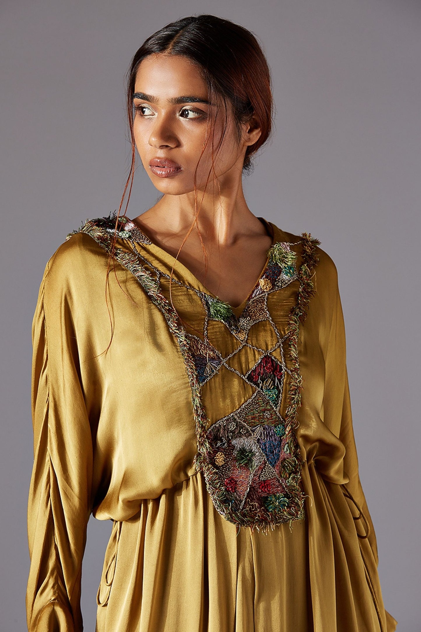 Close-up of Jacobean Handwork on Women’s Kaftan Dress with V-neck
