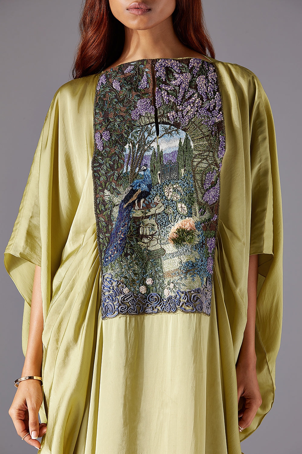 Detailed Focus on Jacobean Handwork and Pleated Waist on Elysian Landscape Kaftan