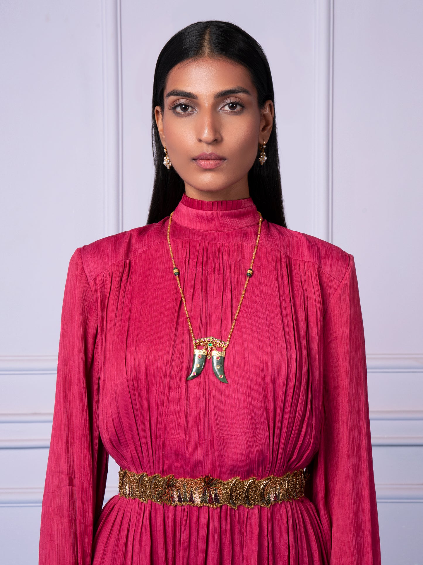 Close-up on Rumi Pink Couture Gown