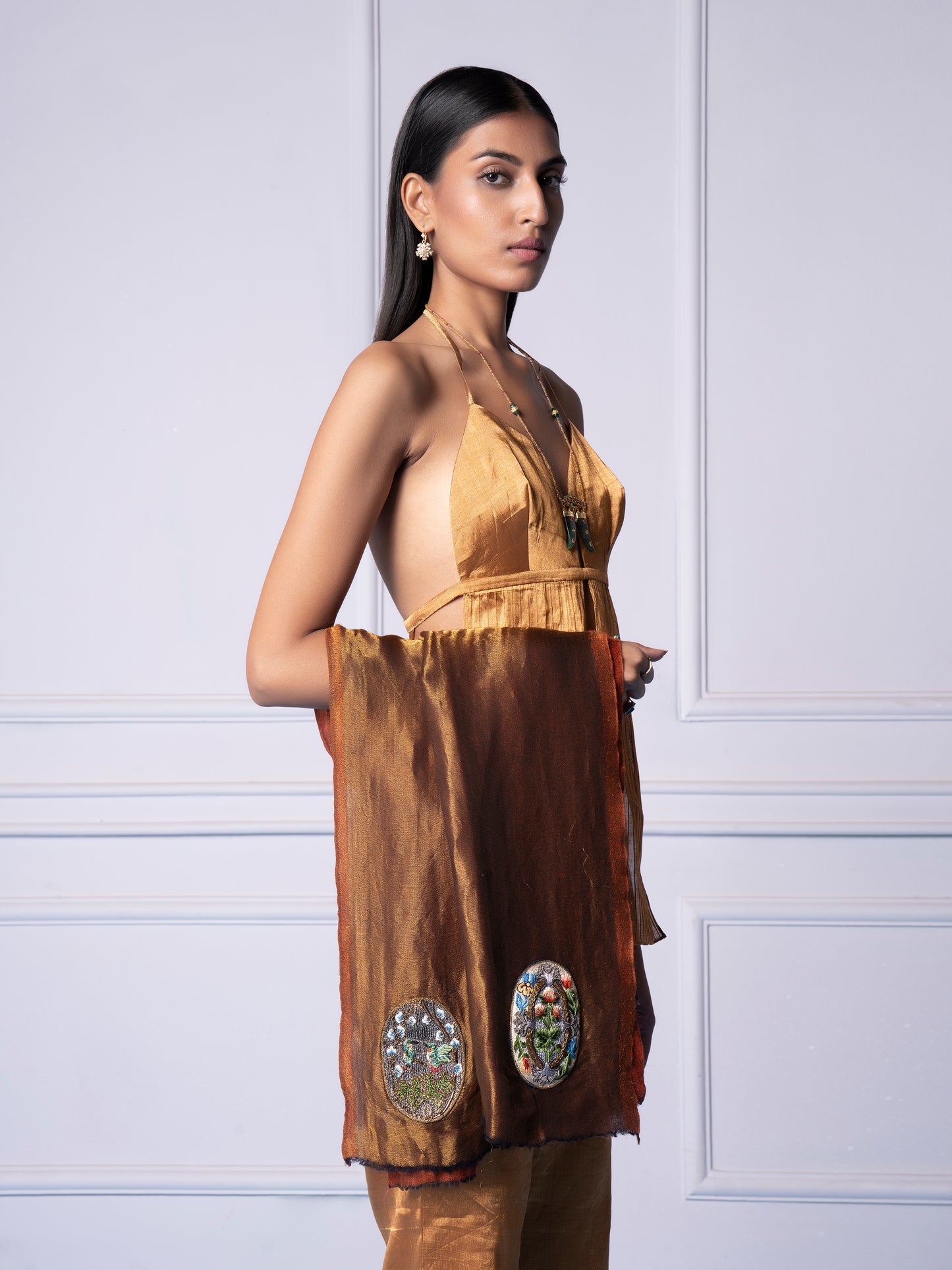 Pashmina stole with Jacobean embroidery, showcasing intricate birds and flowers design on luxurious fabric