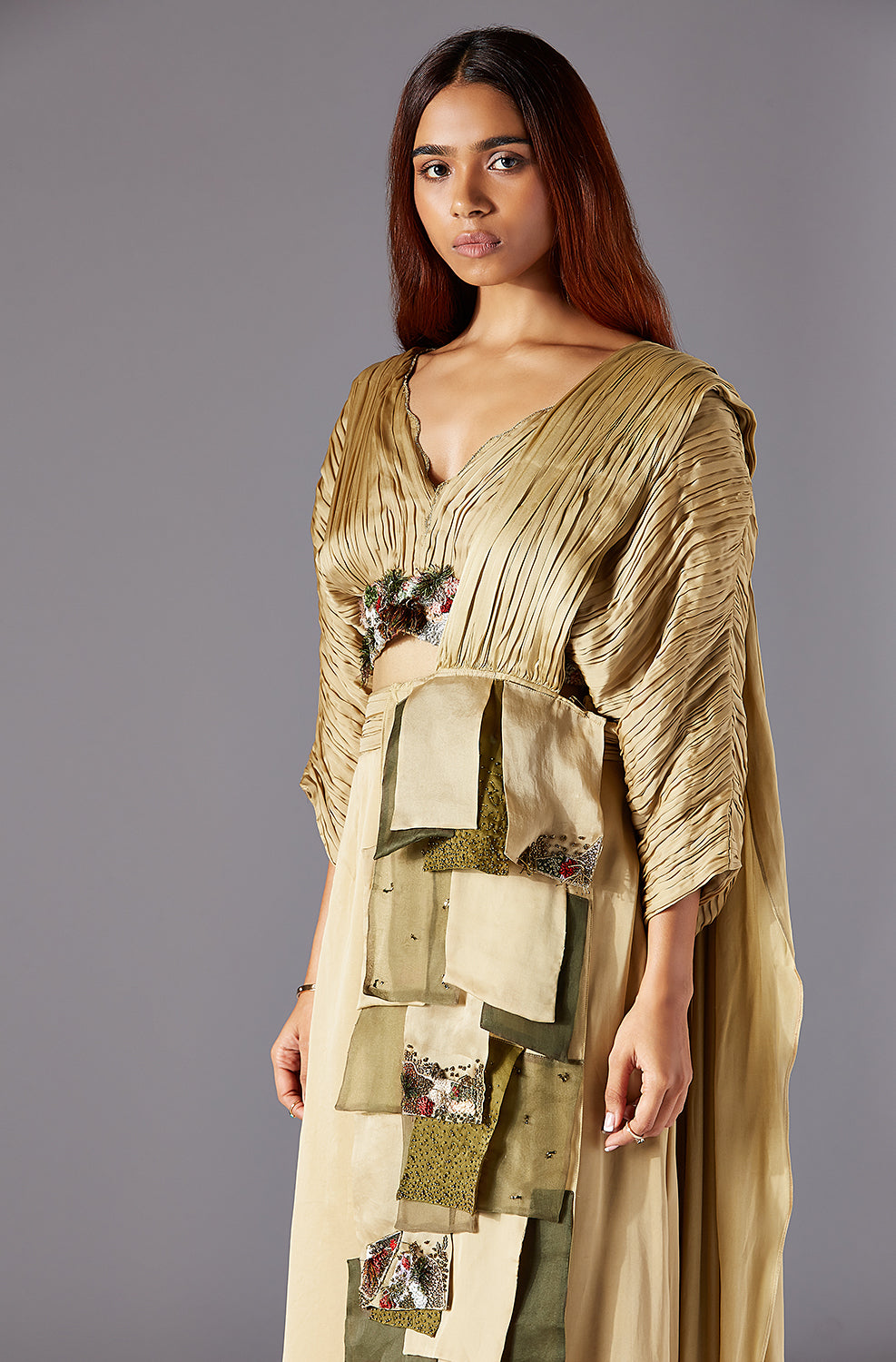 Jacobean Handwork on Ruching Blouse and Embroidered Skirt in the Modern Saree Dress
