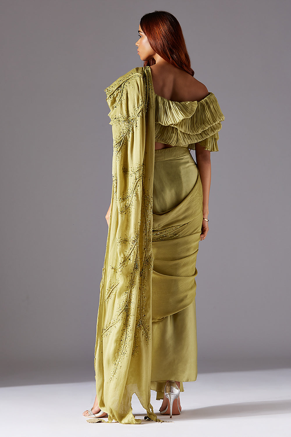 Back View of Gill Fungi Modern Blouse and Dhoti Set with Stole