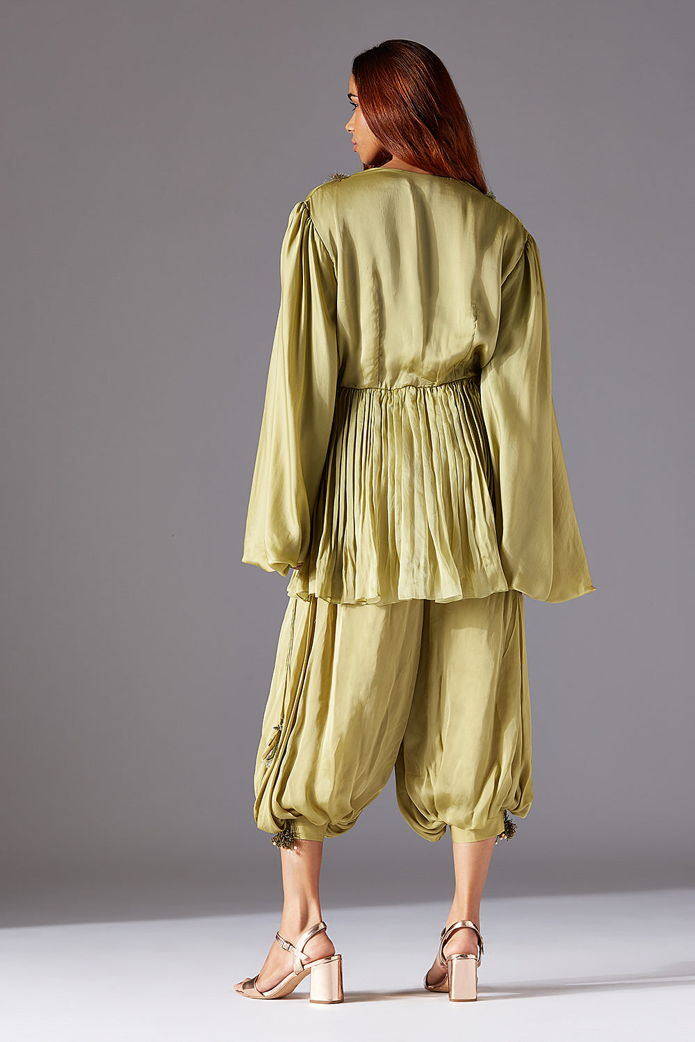 Back View of Minicoy Satin Flare Wrap Dress with Embroidery & Adjustable Details - Designer Fashion for Women