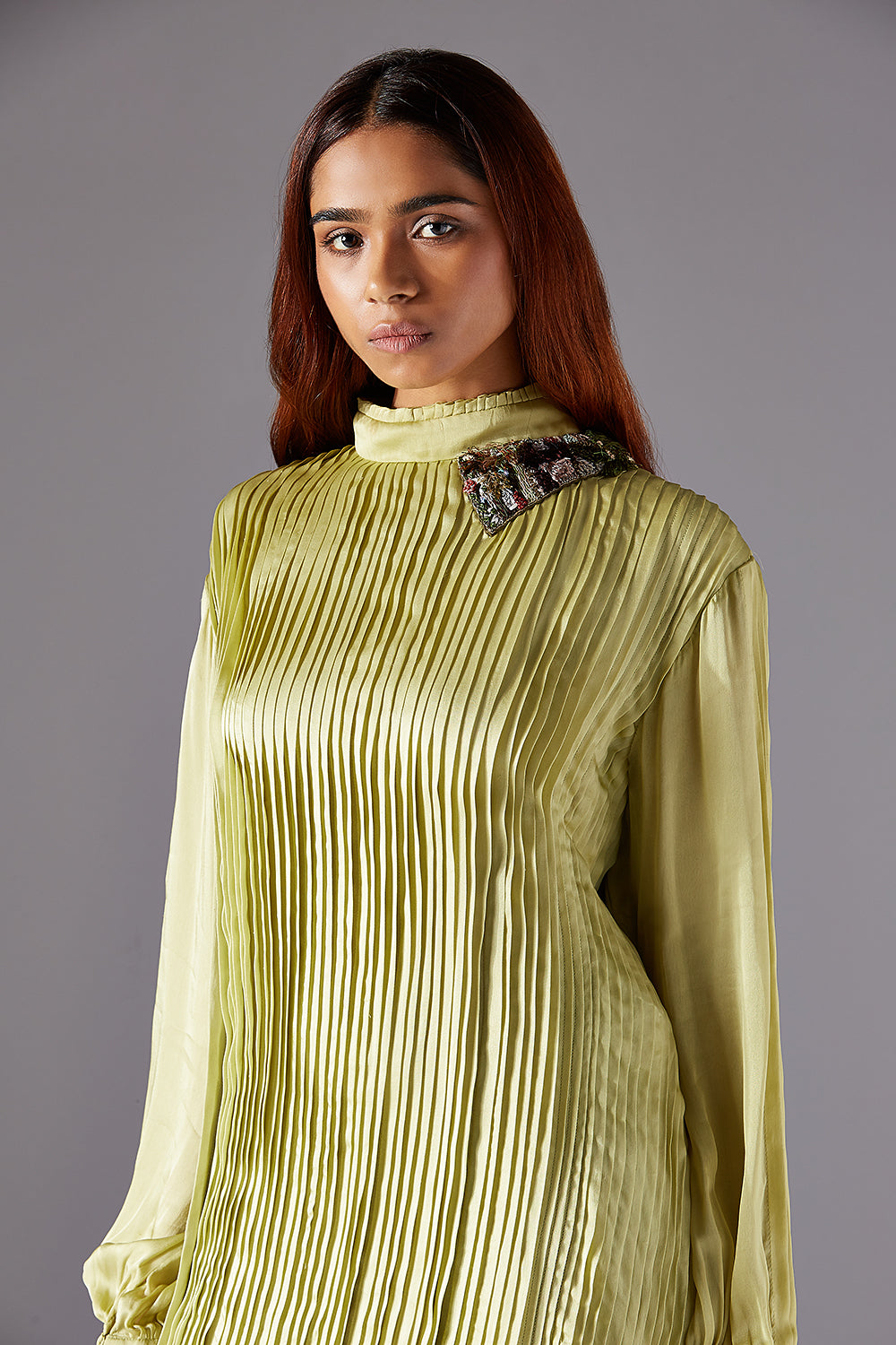 Pleated Georgette Furrow Trunk Top with Ruffled High Neck & Embroidered Collar - Luxury Women's Wear