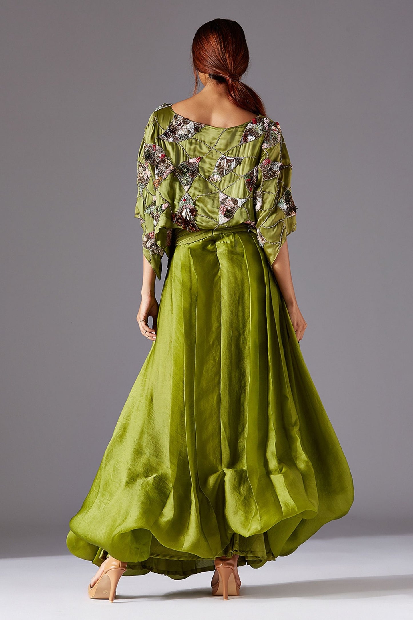 Back View of Green Satin Crop Top & Draped Skirt Set - Designer Fashion with Jacobean Handwork