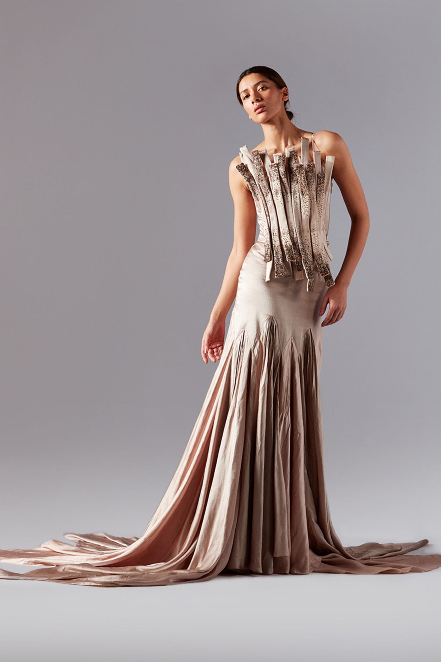 Elegant bouquet corset with trail skirt, a party wear skirt and top set for women